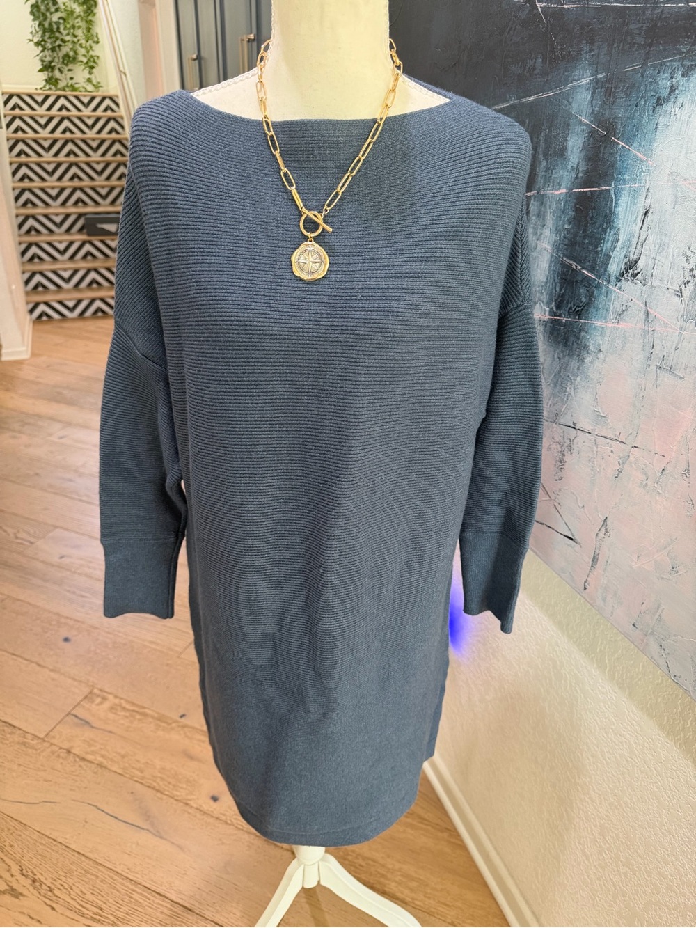 Ribbed Knit Boatneck Sweater Dress - Slate Blue Size Small Autumn Sweater Dress
